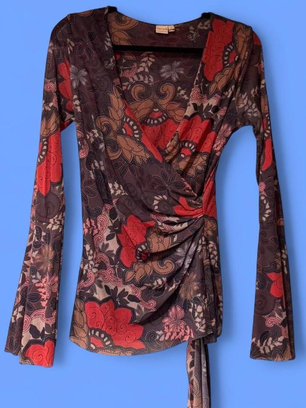 Y2K Sweet Pea by Stacy Frati Floral Wrap Top in Red & Brown